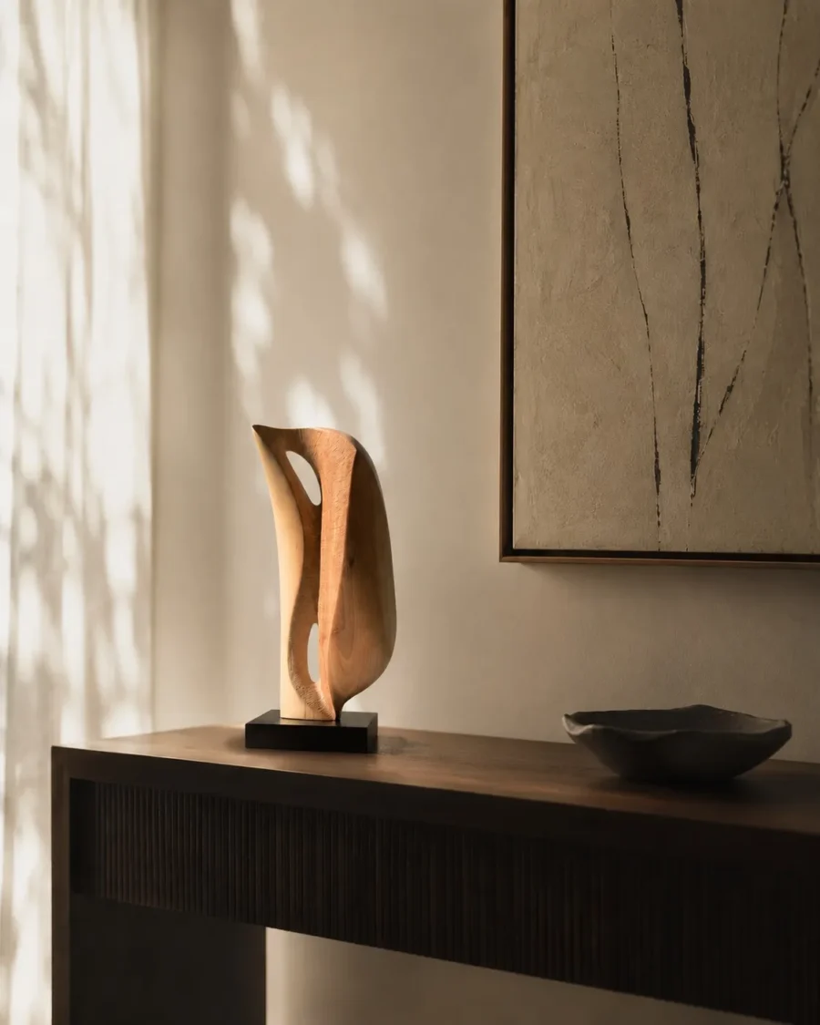 Veil of Air apple wood sculpture displayed in a Japandi inspired interior with natural light