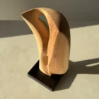 Modern wooden sculpture Veil of Air displayed in natural sunlight