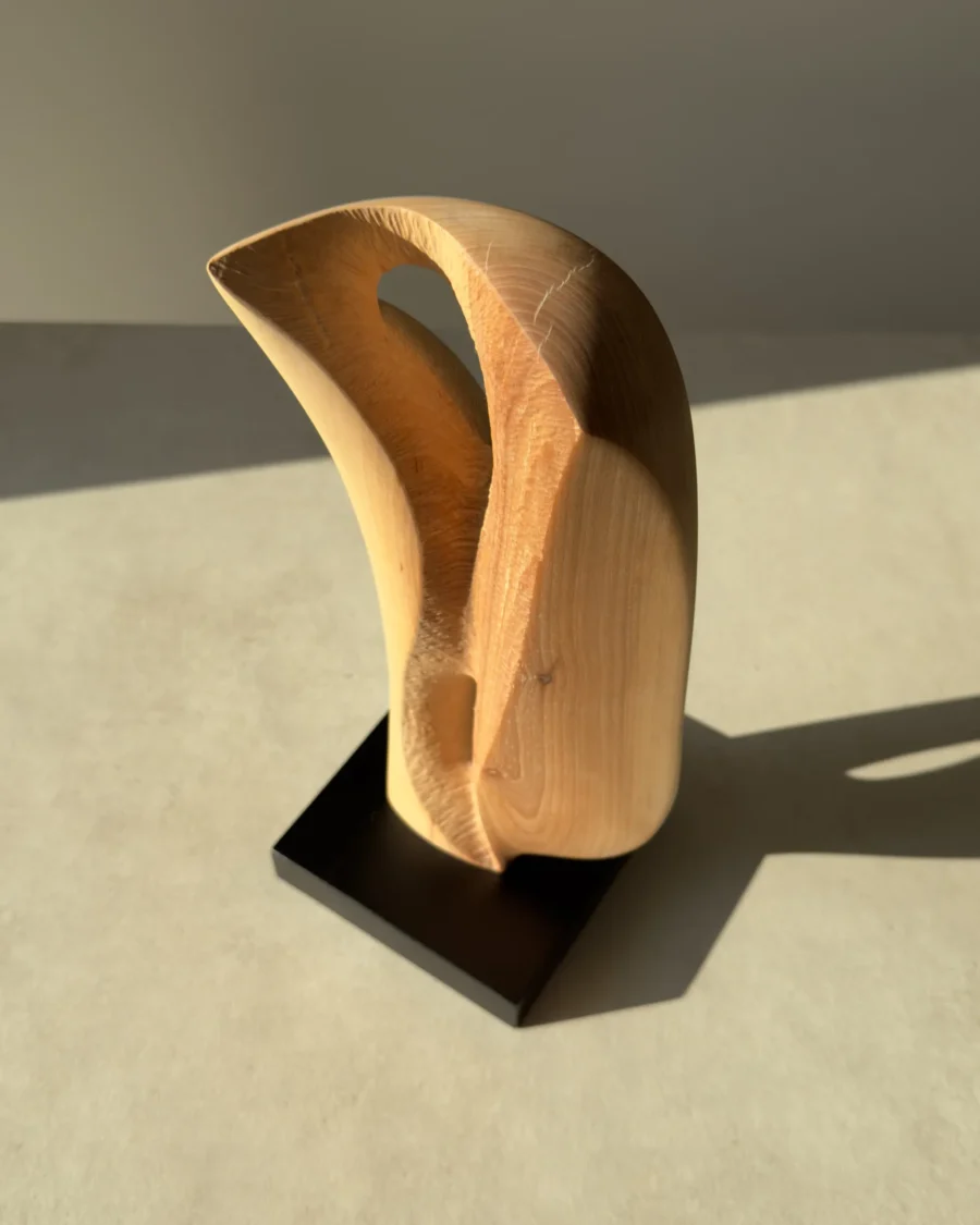 Modern wooden sculpture Veil of Air displayed in natural sunlight