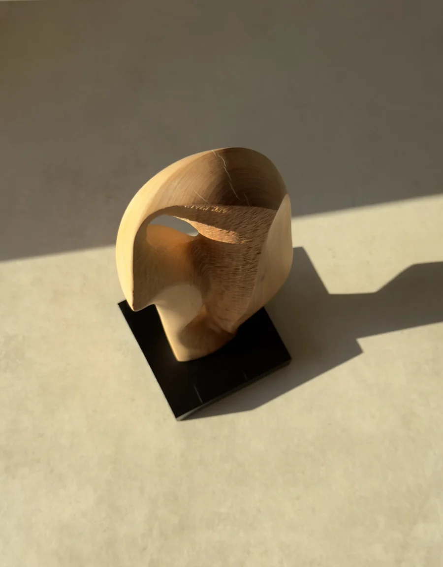 Top view of abstract wood sculpture showing sculptural opening