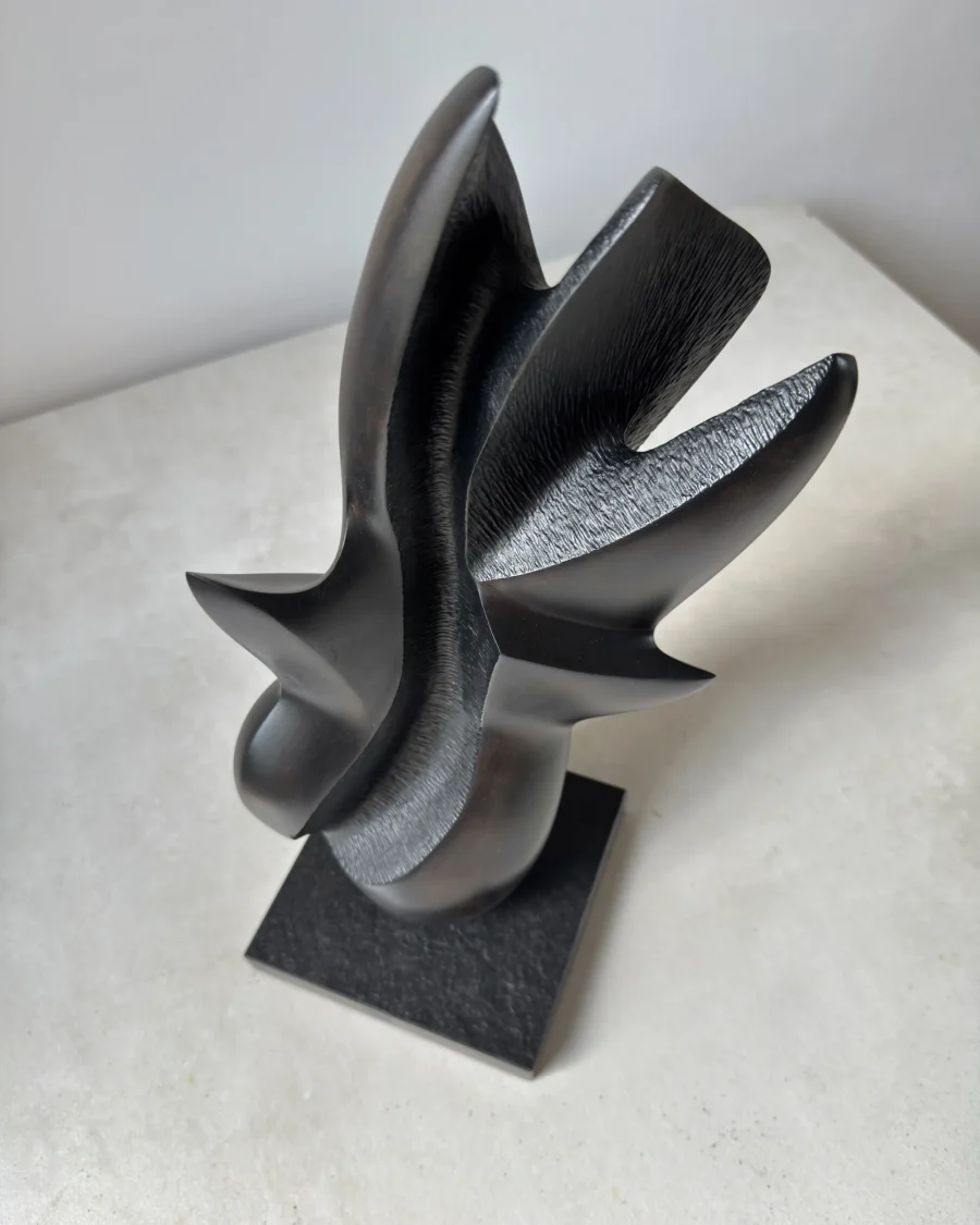 Top view of the abstract apple wood sculpture "Poise", showing the continuous flowing form carved from a single piece of wood.