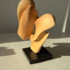 Hand-carved apple wood sculpture "Sway" photographed in natural daylight, revealing changing light across the smooth surface.