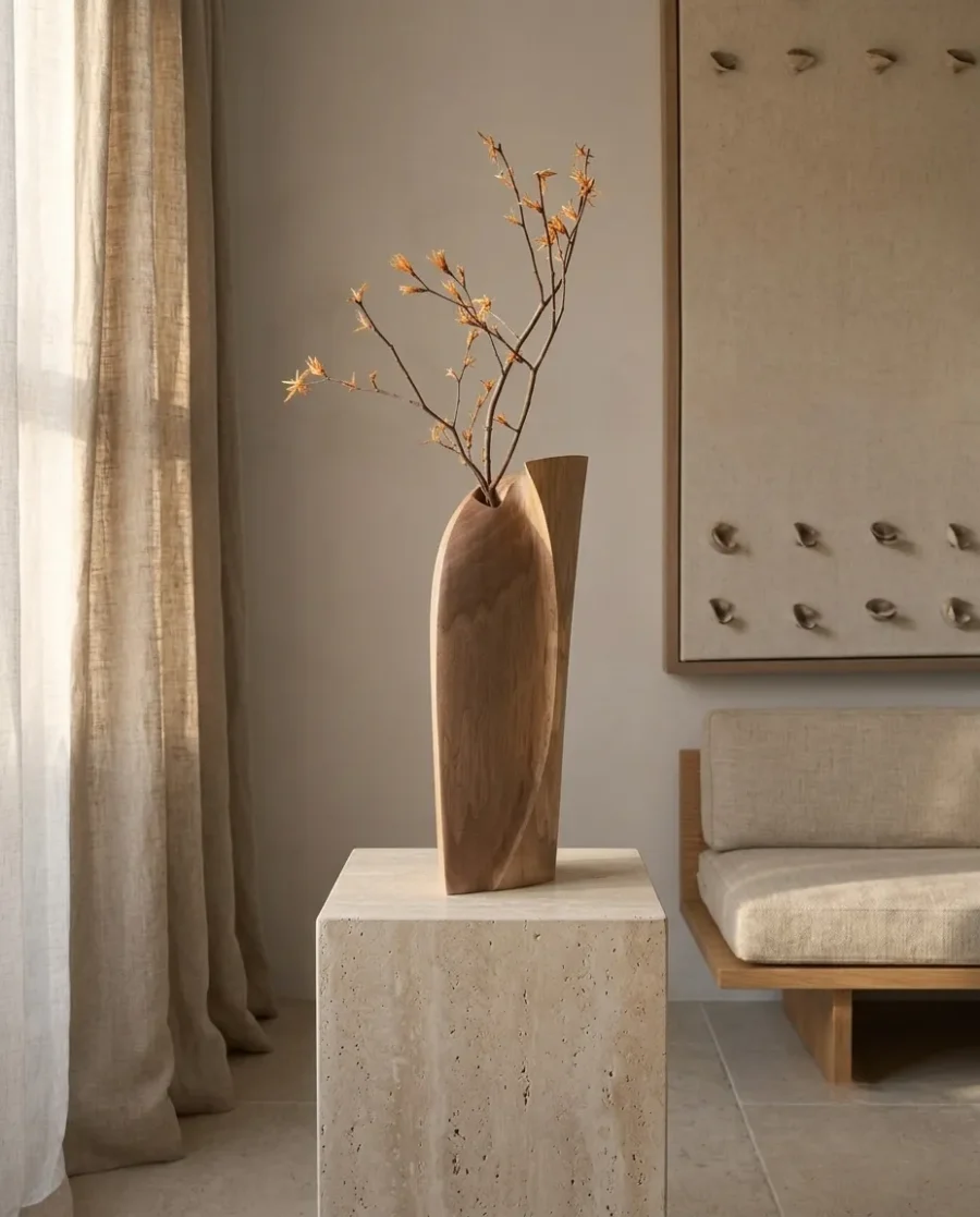 Continuum hand-carved walnut wood sculpture vase displayed with a branch on a travertine pedestal in a quiet Japandi interior.