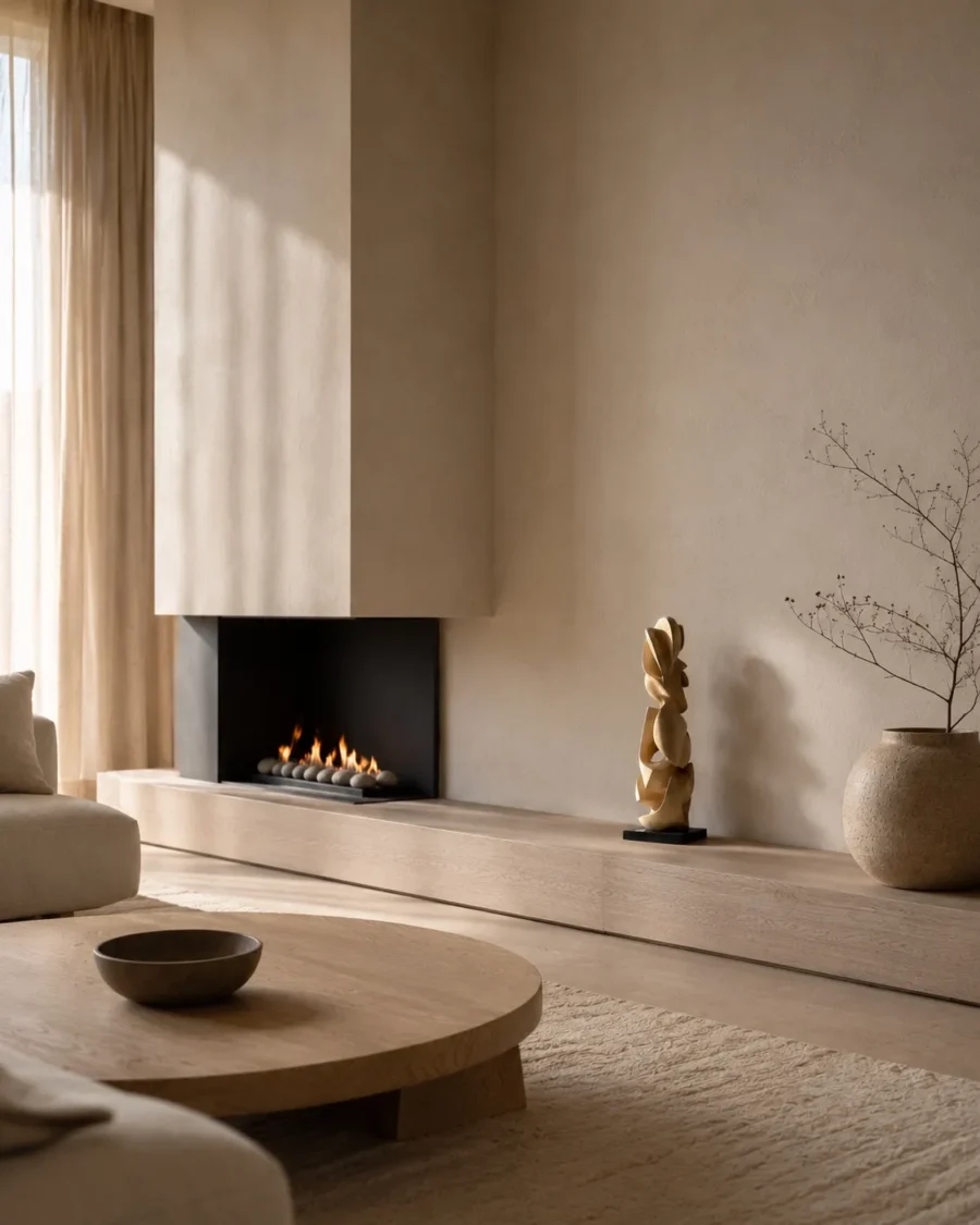 Convergence hand-carved walnut sculpture displayed in a warm Japandi-inspired living room with natural light and a black granite base.