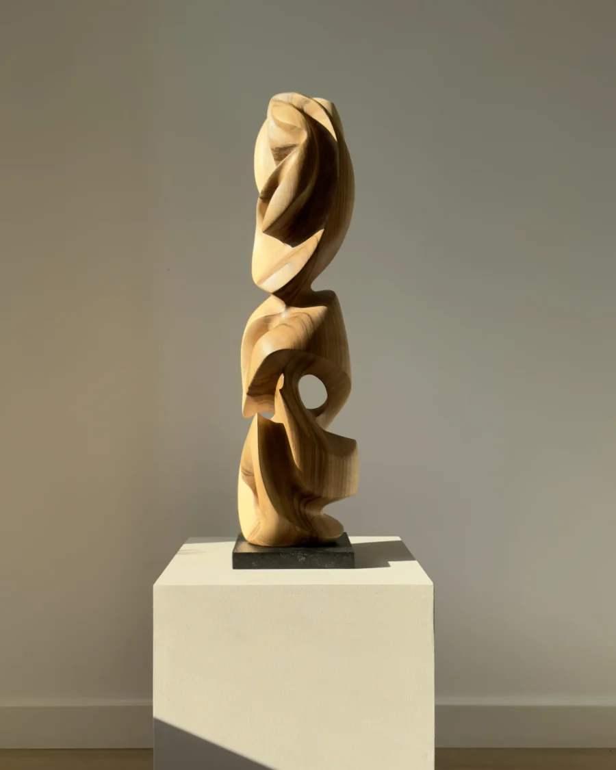 Abstract walnut sculpture viewed from another angle, revealing different organic forms.