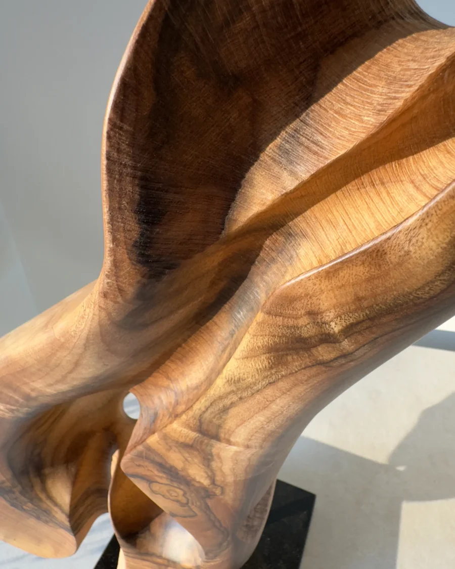 Elaren hand-carved walnut wood sculpture shown in the artist's hands to illustrate scale and handcrafted details.