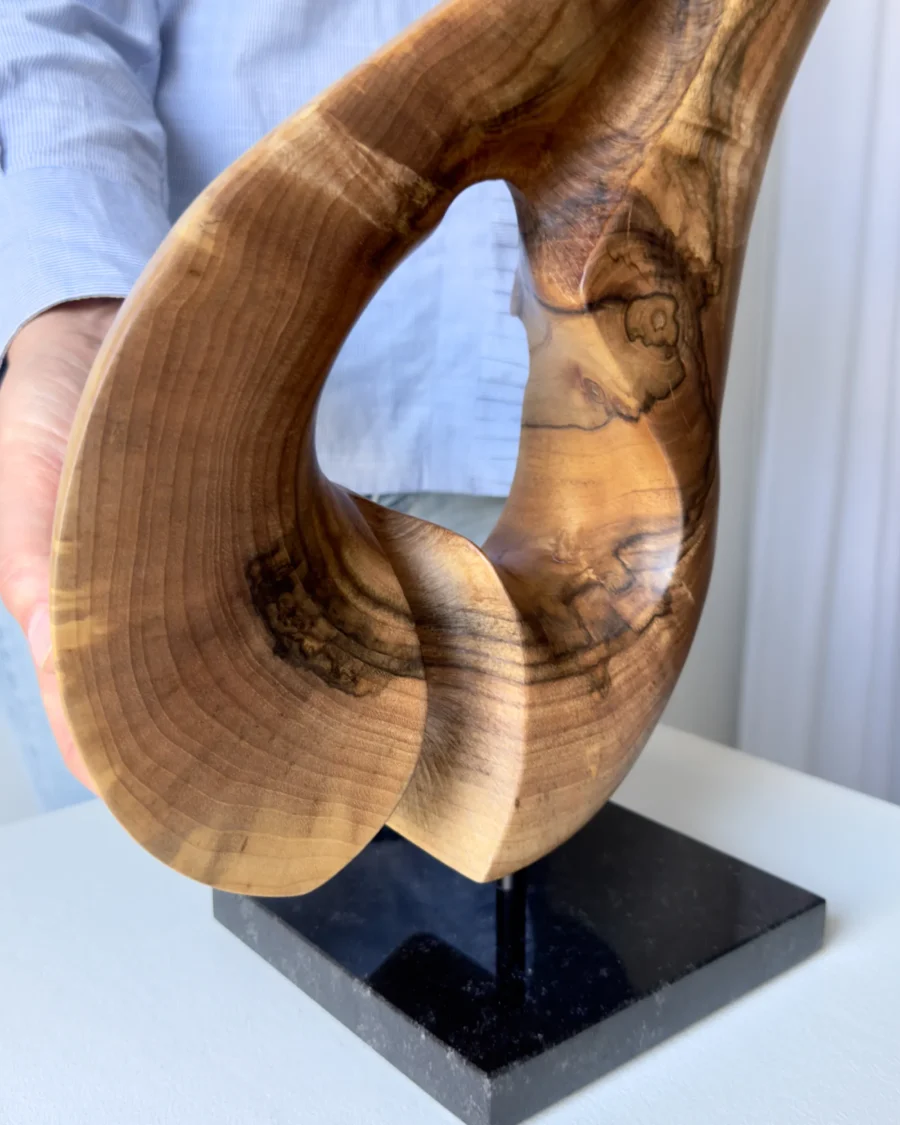 Detail of Elaren abstract walnut wood sculpture emphasizing its elegant curves, organic form and natural matte finish.