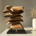 Fluens, a contemporary hand-carved walnut wood sculpture displayed in natural light beside a minimalist vase with branches.