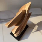 Top view of Fluens, a hand-carved abstract walnut wood sculpture with layered organic forms illuminated by warm natural light.