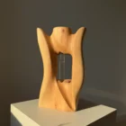 Hand-carved pear wood sculptural vase Lumen with removable glass tube being placed into the sculpture.