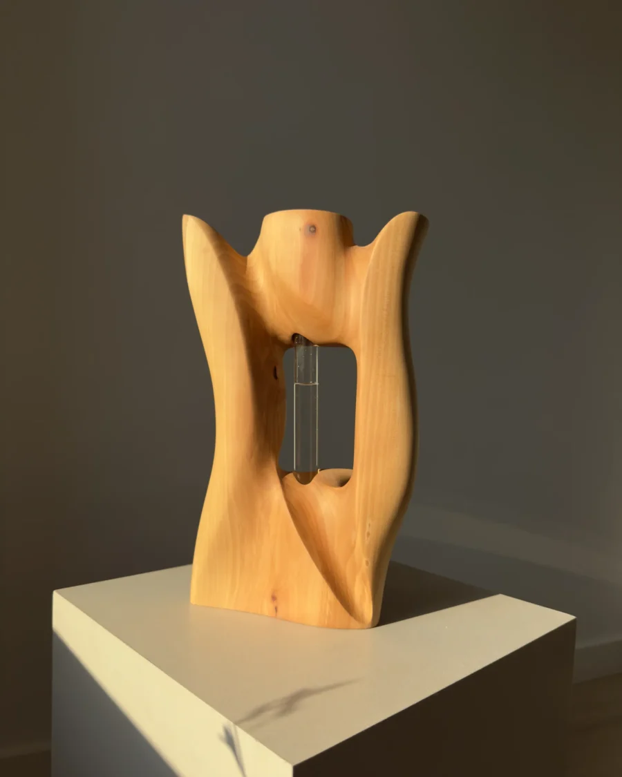 Hand-carved pear wood sculptural vase Lumen with removable glass tube being placed into the sculpture.
