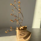 Abstract walnut wood sculpture with a sculptural opening holding a delicate flowering branch.