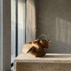 Sculptural walnut vase displayed in a contemporary interior with a flowering branch.