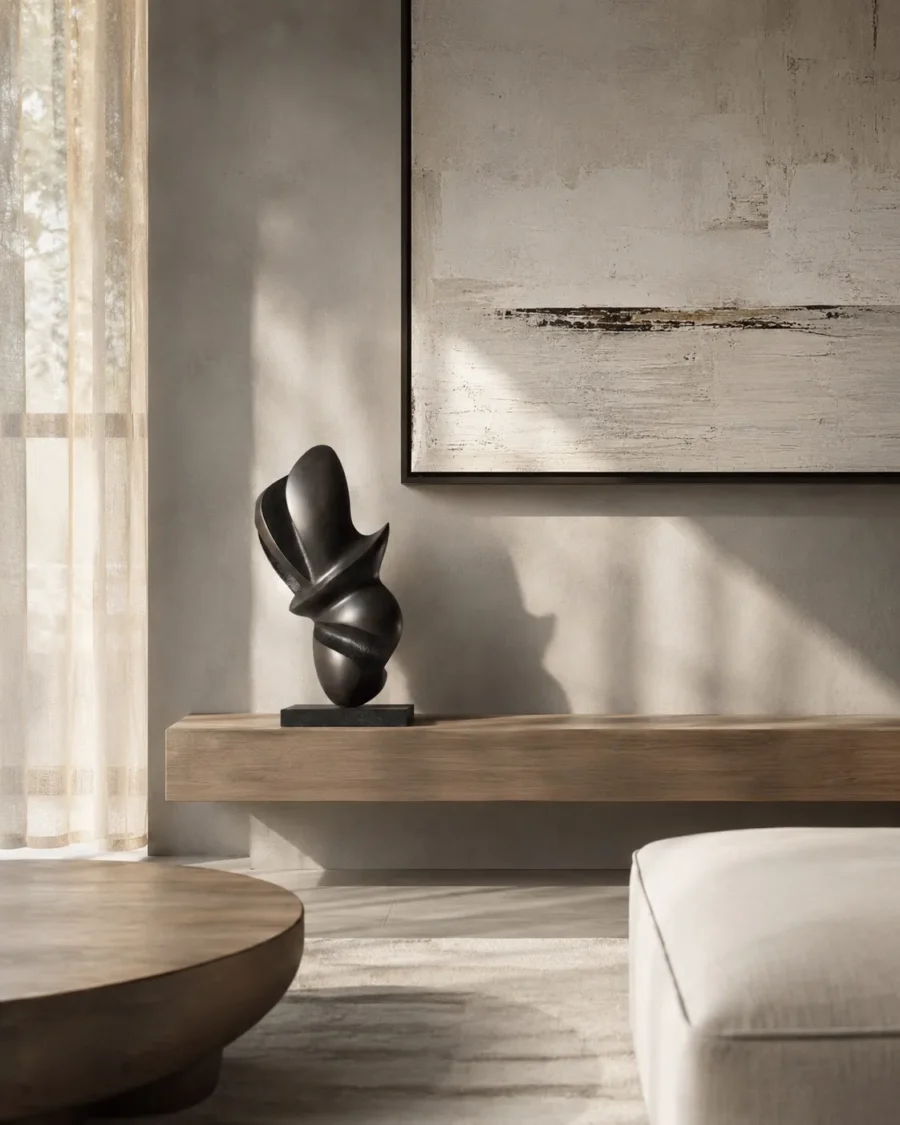 Poise abstract apple wood sculpture in a contemporary minimalist interior, hand-carved from solid wood with a matte black finish.