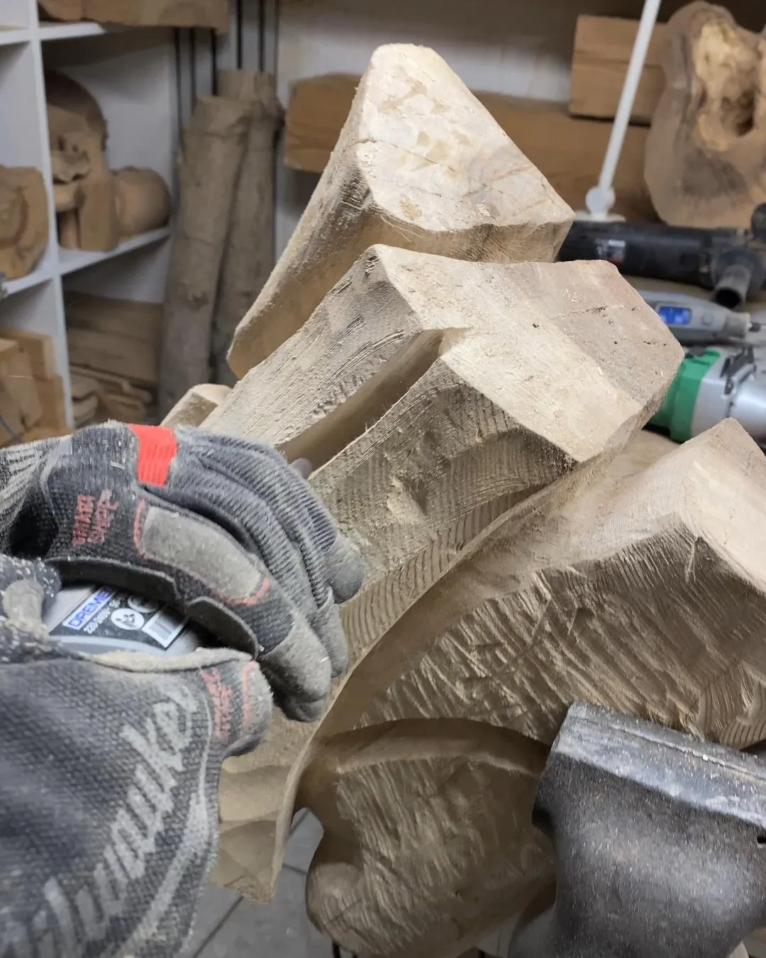 Early shaping process of an abstract walnut sculpture, revealing the first flowing curves and grain.