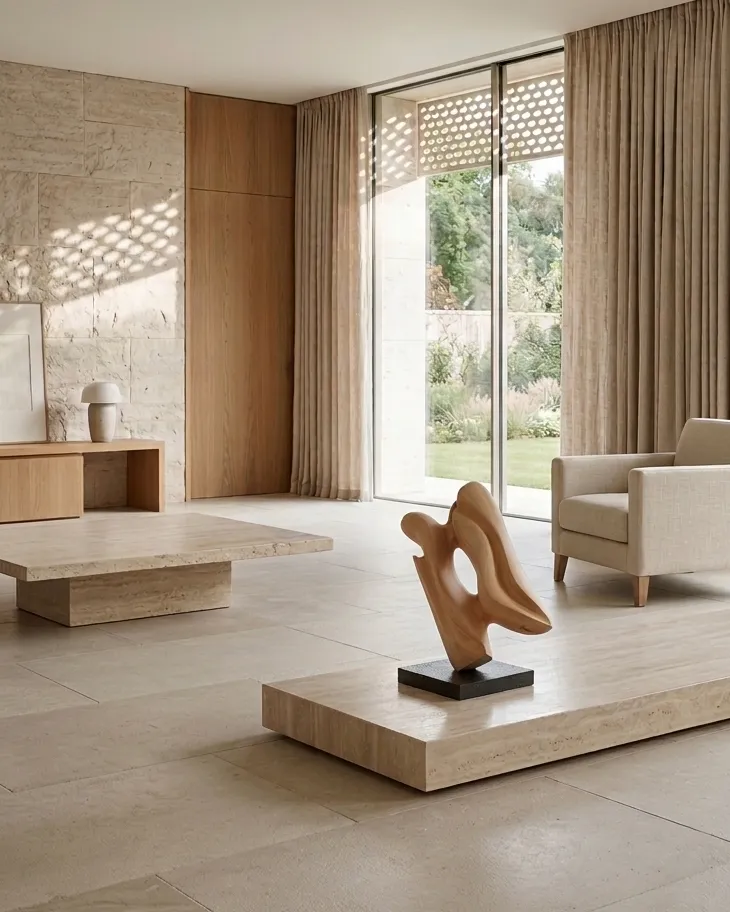 Sway hand-carved abstract apple wood sculpture displayed in a bright Japandi-inspired interior with natural stone, oak and soft daylight.