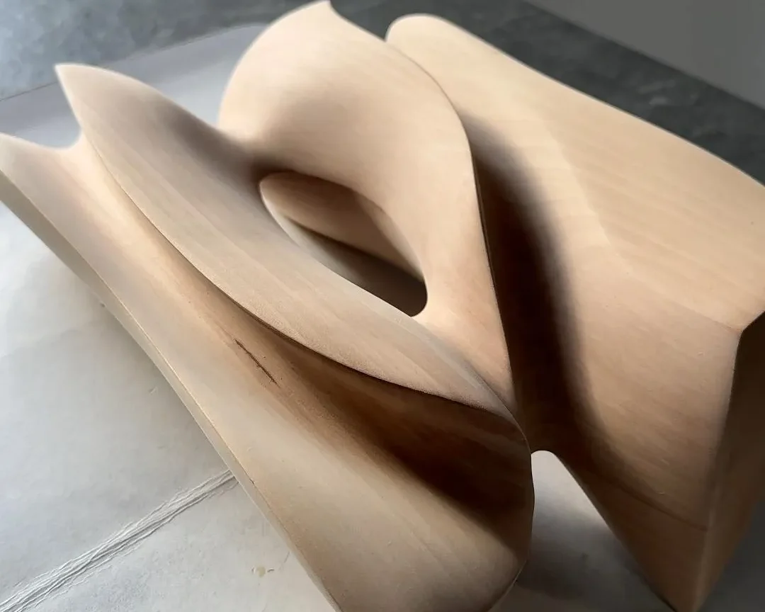 The completed sculptural form of Sway after final sanding and before the protective finish is applied.