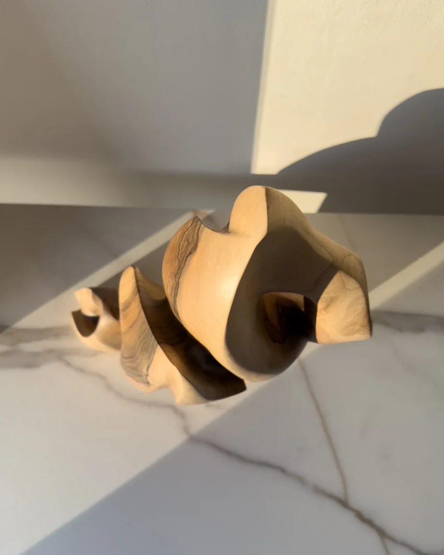 Top view of Together as One hand carved walnut sculpture highlighting organic openings and sculptural form.