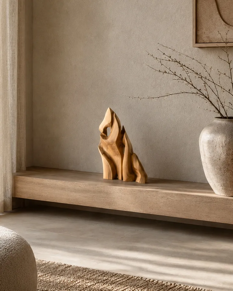 Together as One hand-carved walnut wood sculpture displayed on a wooden console in a calm Japandi interior with natural light.