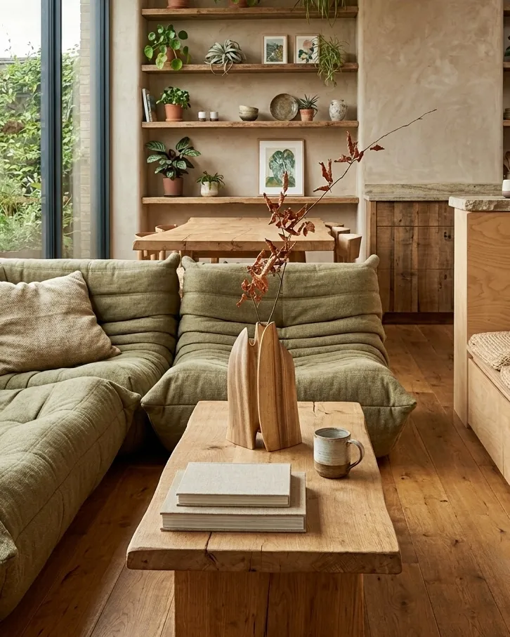 Twin Presence sculptural walnut vase with a natural branch bringing warmth and organic presence to a contemporary living space.