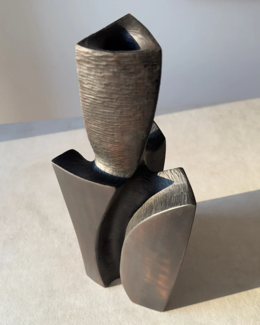 counterpoise-pear-wood-sculptural-vase-detail Counterpoise hand-carved pear wood sculptural vase showing textured surfaces and organic asymmetry
