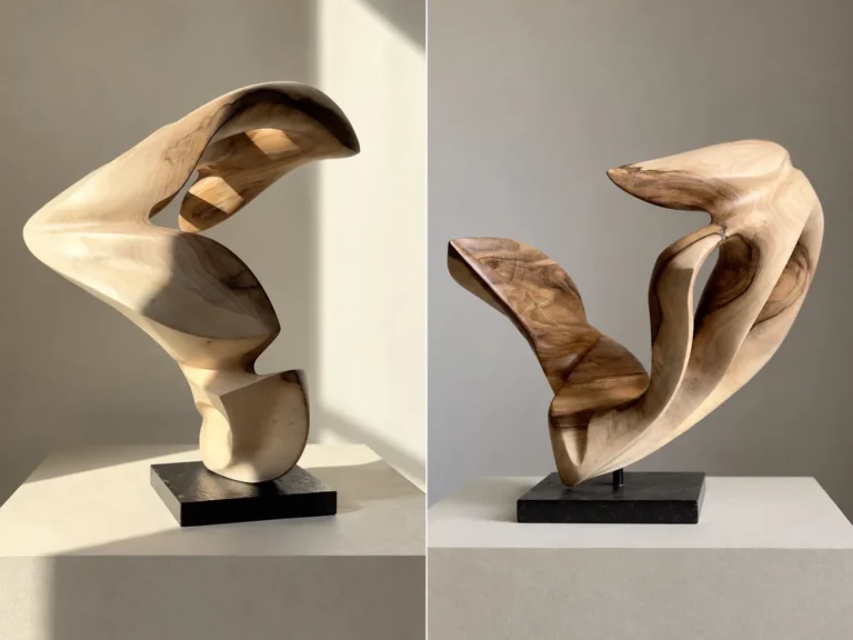 Two views of the walnut sculpture Becoming, comparing its earlier vertical orientation with the final horizontal composition.