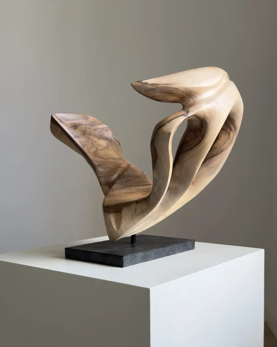 becoming-abstract-walnut-sculpture-open-form Three-quarter view of Becoming showing its sweeping organic walnut forms, carved openings and dramatic transitions between pale and dark wood.