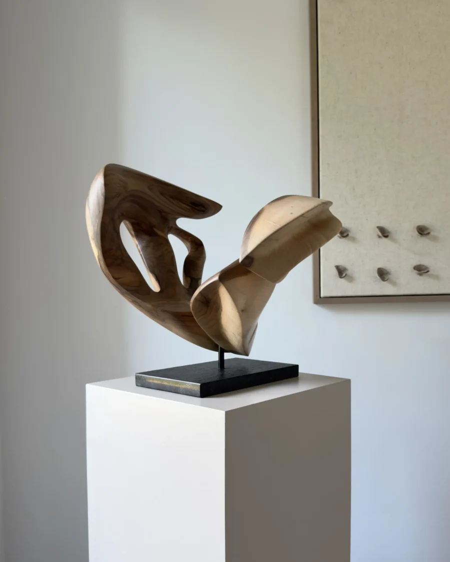 becoming-modern-walnut-sculpture-interior-view Becoming shown with its darker walnut side facing forward, revealing two elongated openings and the contrast between heartwood and pale outer wood.