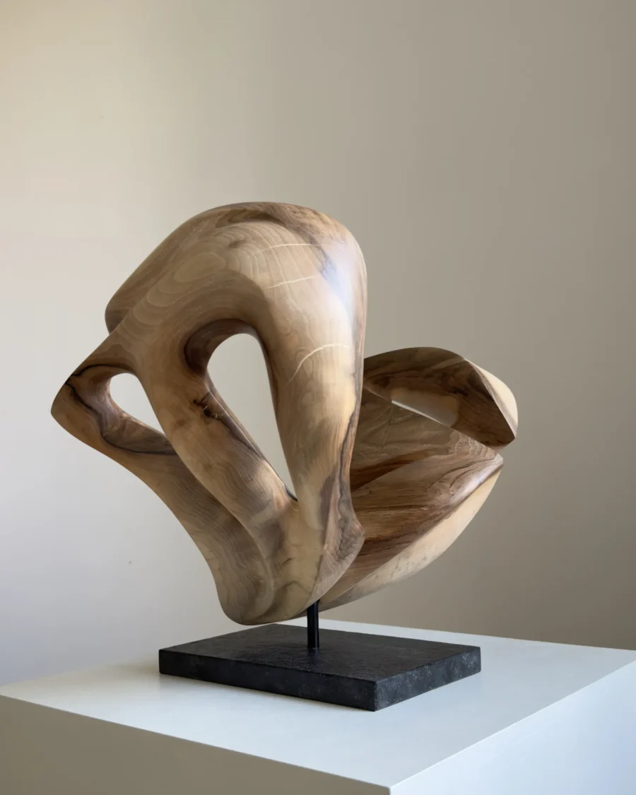 becoming-walnut-sculpture-changing-perspective Side view of Becoming in natural light, where one pale carved form crosses in front of the darker open structure behind it.