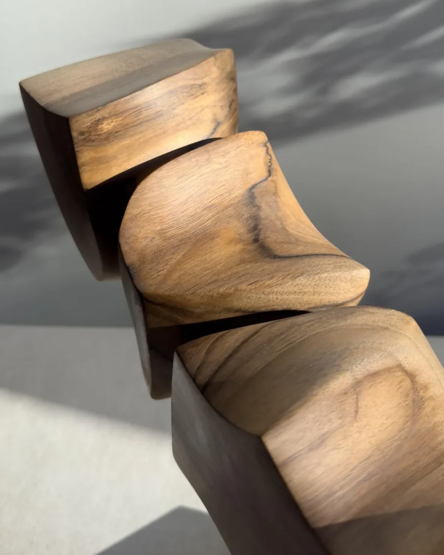 Close-up of Dynamic Contours showing smooth hand-carved surfaces, curved transitions and dark natural grain in solid walnut.