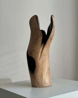 Rear view of Hollow walnut wood vase highlighting the uninterrupted natural grain and softly curved carved surface.
