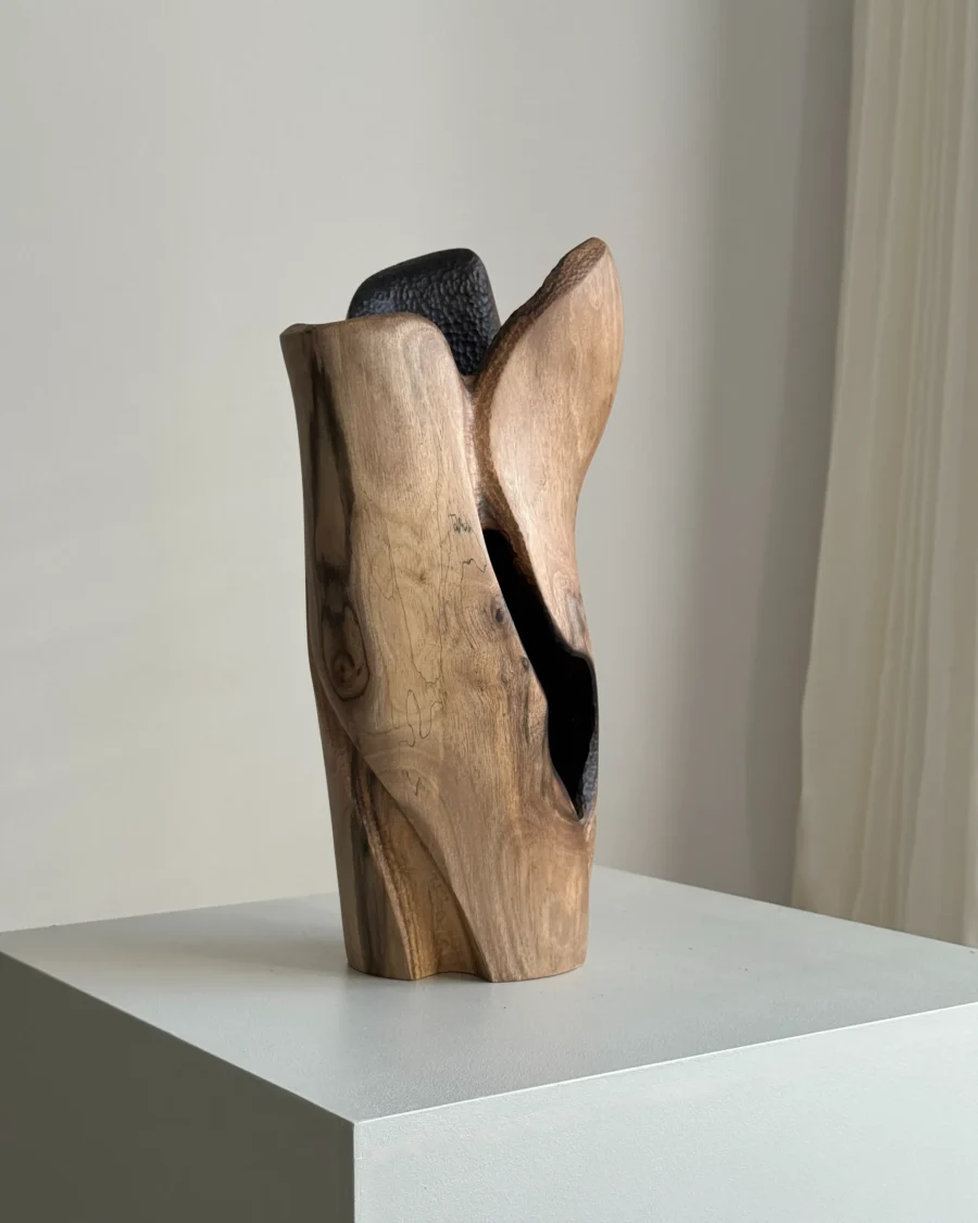 Angled view of Hollow walnut vase revealing the contrast between smooth natural wood surfaces and its dark carved hollow.