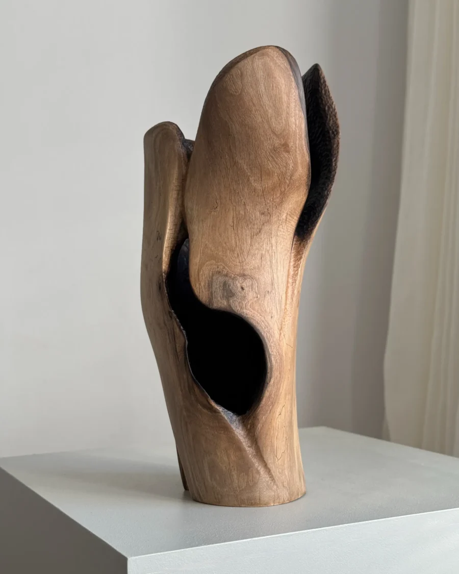 Hollow organic modern walnut vase displayed as a sculpture, with layered carved forms and a narrow shadowed opening.