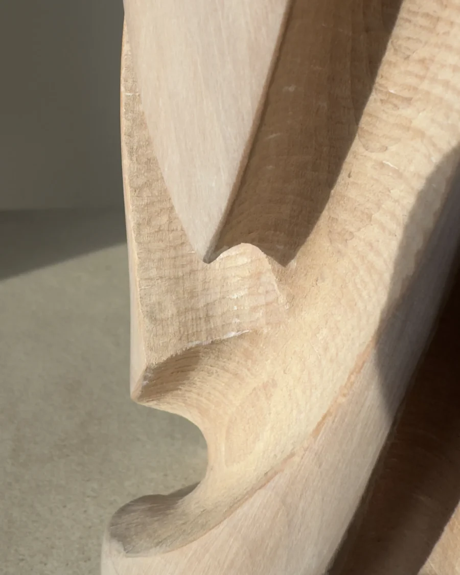 Close-up of Hush showing the hand-carved texture of apple wood, with visible tool marks, softly white-waxed recesses and smooth surfaces revealed by natural light.