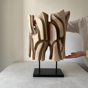 interstice-abstract-wood-sculpture-front-view Interstice hand-carved abstract wood sculpture with flowing openings and black granite base, front view
