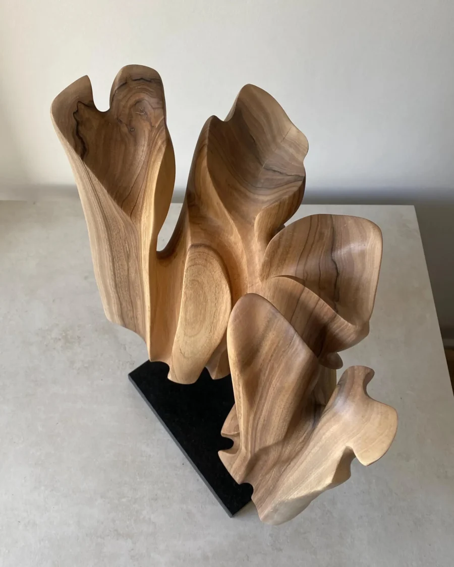 Top view of Interstice abstract wood sculpture showing layered organic forms and natural wood grain
