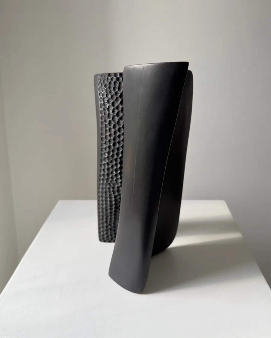 Side view of Pendere abstract black pear wood sculpture, with curved charred forms and a textured inner surface in natural light.