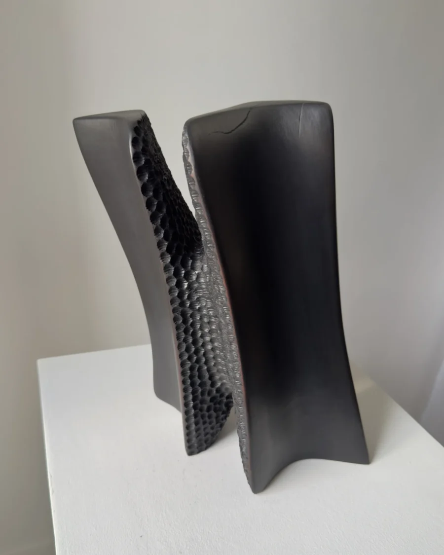 Detail of Pendere showing softly curved black pear wood surfaces beside the deep hand-carved texture created inside the form.