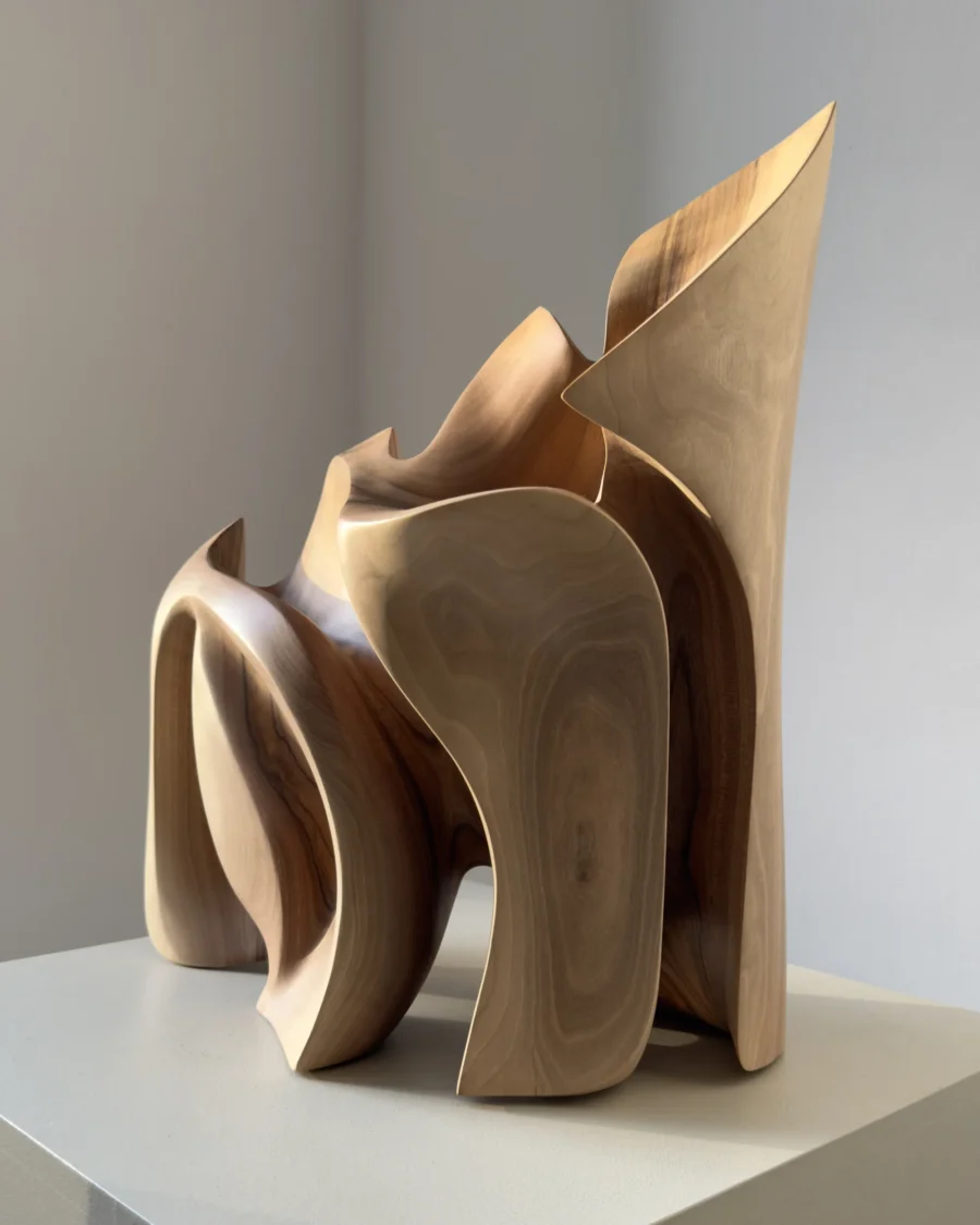 Side view of Unfurl organic walnut sculpture, showing overlapping carved planes and the sculptural movement of the solid wood form.