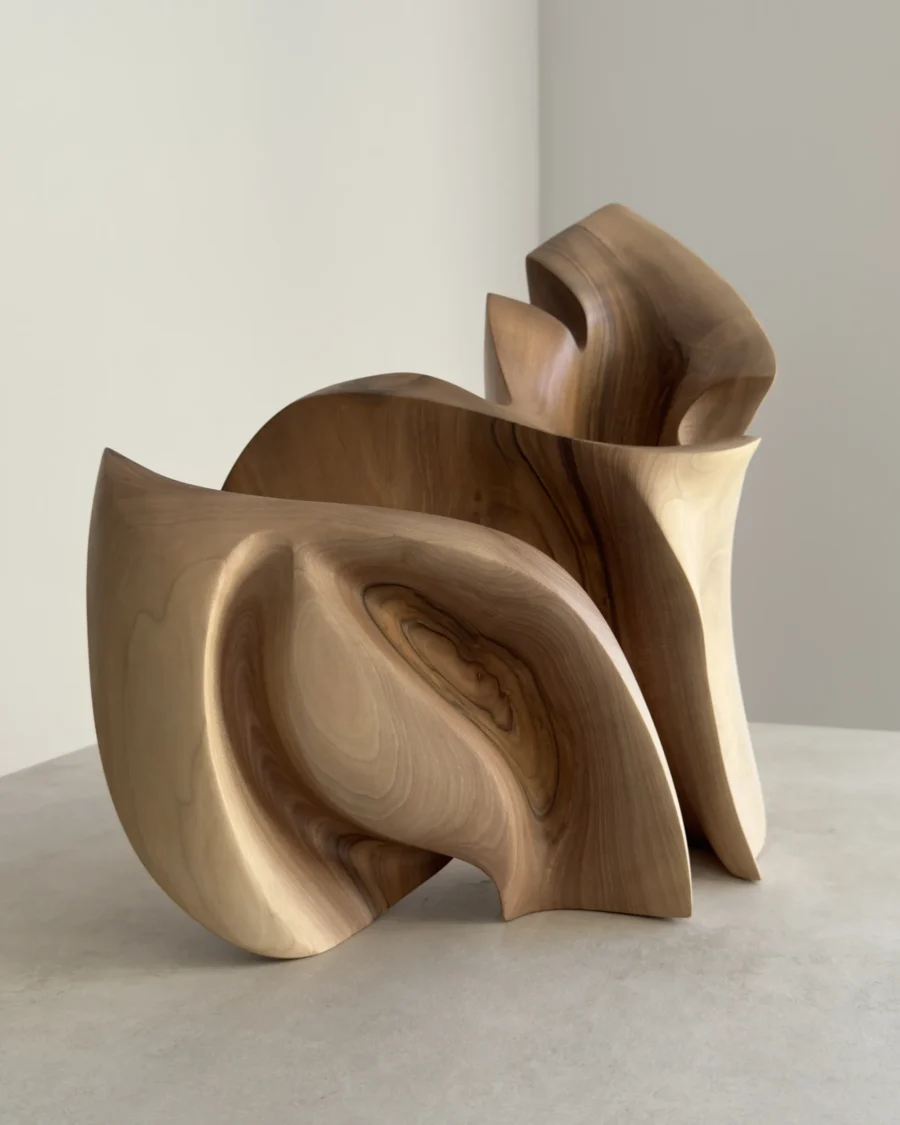 Front angle of Unfurl in soft natural light, showing the broad curved foreground form and layered walnut structure behind it.