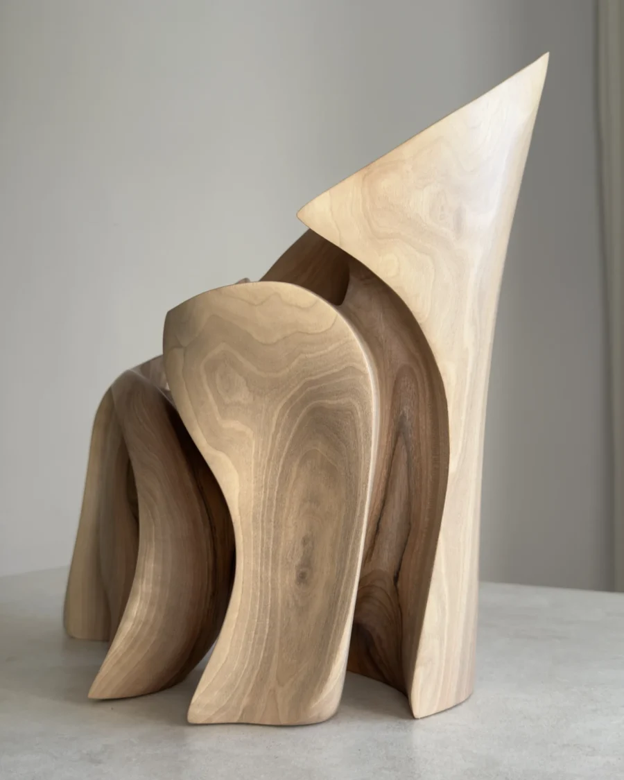 Side and rear view of Unfurl walnut sculpture highlighting the vertical grain, carved depth and curved open structure.