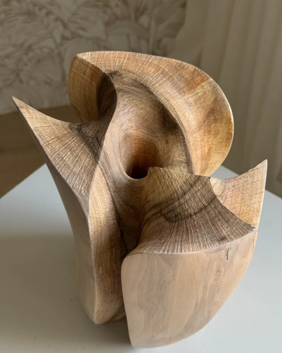 Top view of Within revealing the central opening, radiating tool texture and swirling walnut grain inside the carved form.