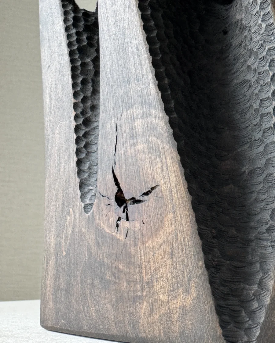 Close-up of a natural crack intentionally left open in the darkened applewood surface of Construct.