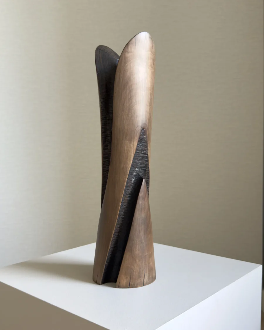 Emergence displayed without flowers in natural light, showing its warm brown cherry wood surface, dark carved recess and asymmetrical top.