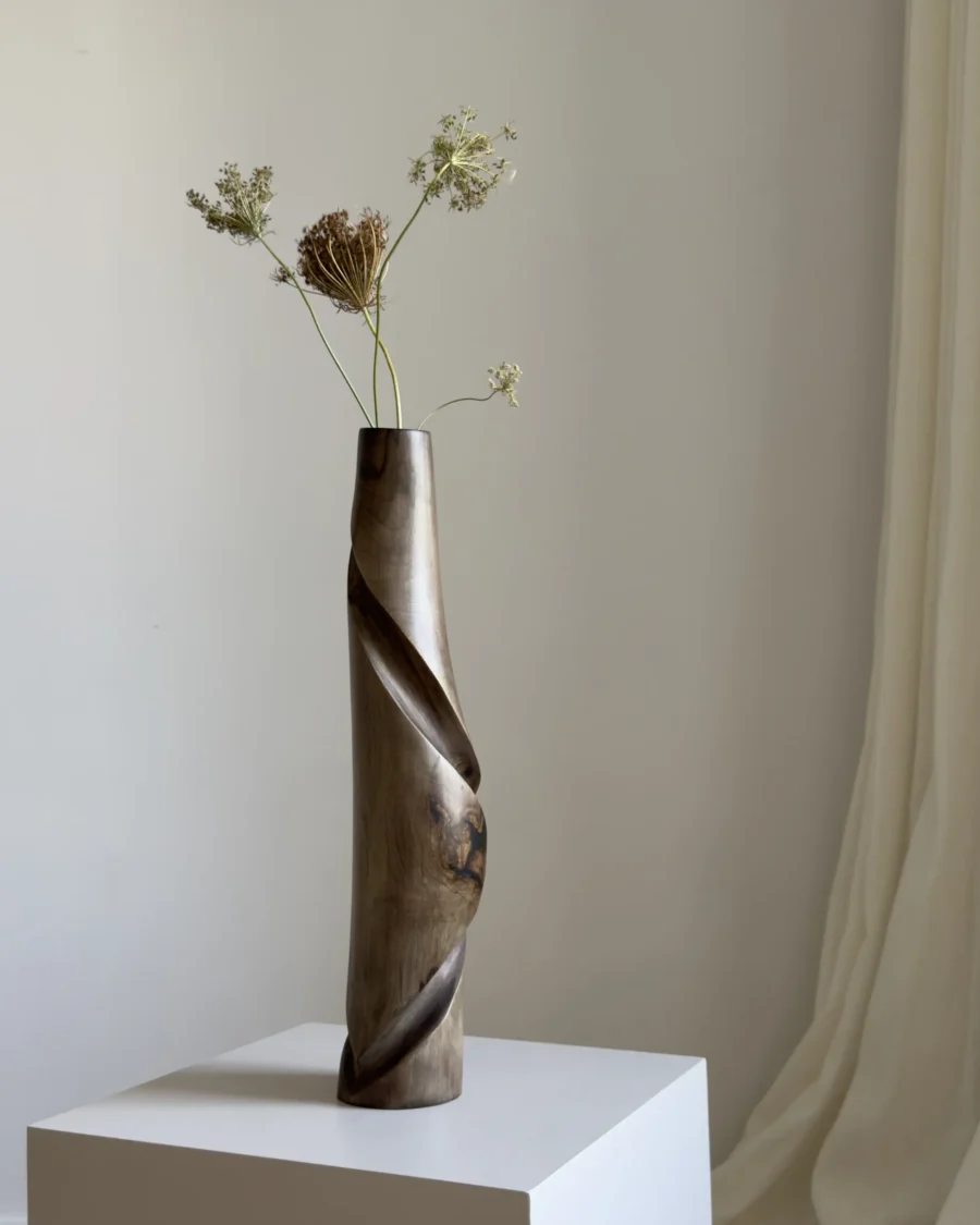 quiet-turn-wabi-sabi-walnut-vase-dried-flowers Quiet Turn hand carved walnut vase styled with dried wildflowers in a calm wabi-sabi inspired interior.